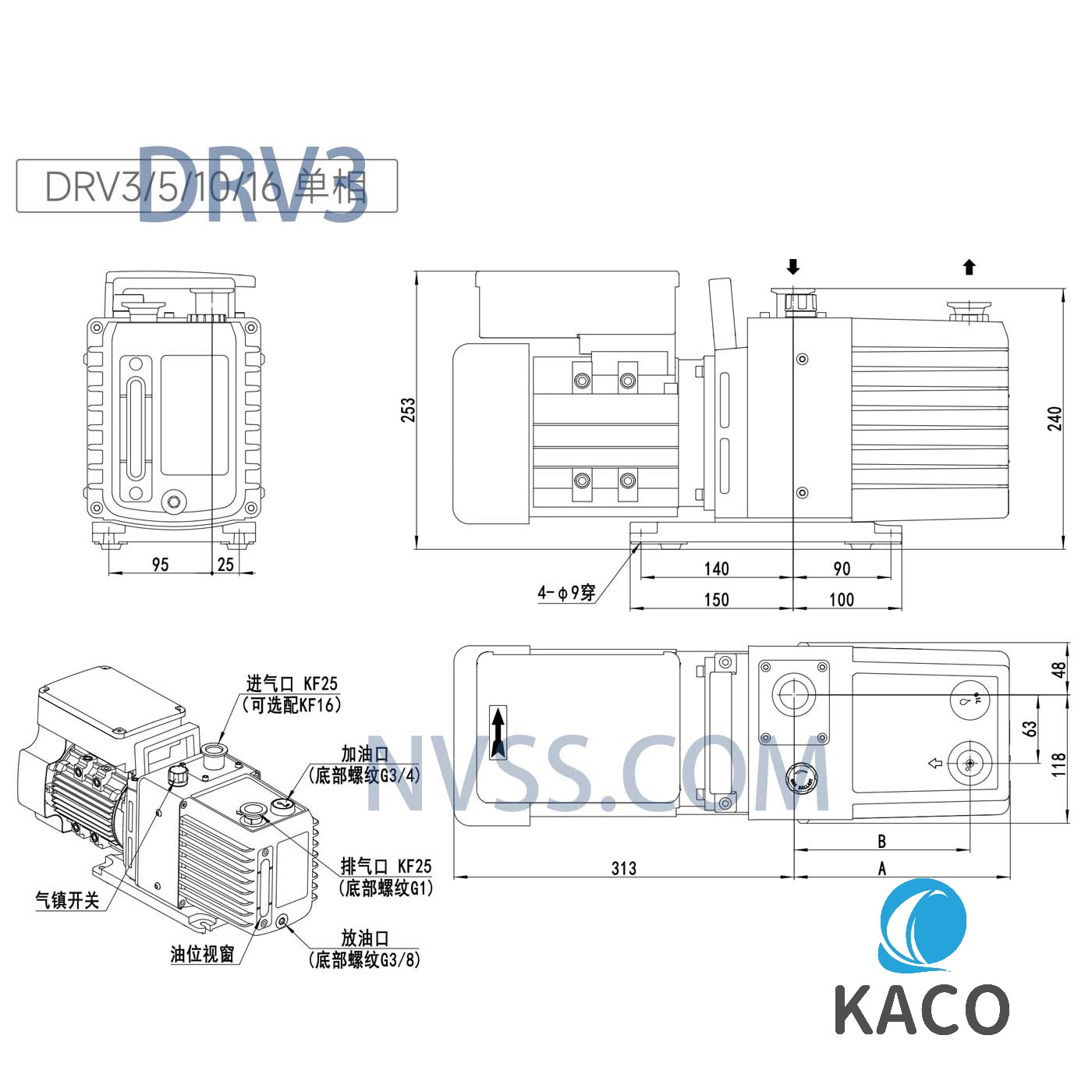 鮑斯(sī)DRV3雙級油旋片式真空泵圖紙安裝尺寸